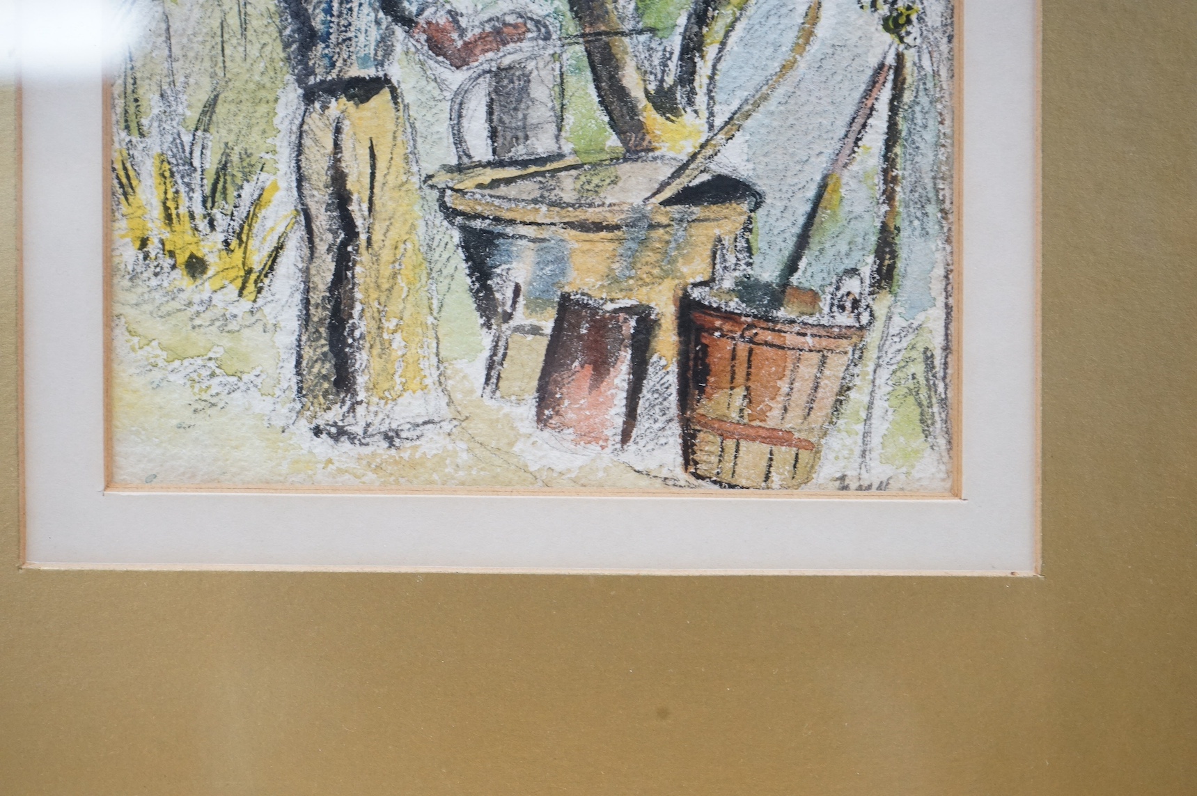 Two mixed medias, Eastern street scene and Figural study, largest 26 x 23cm. Condition - fair